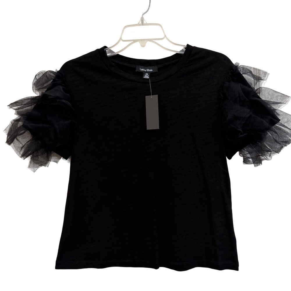 Lea & Viola Womens Black Tulle Ruffle Short Sleeve Slub‎ Cotton T-Shirt XS NWT